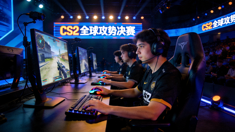CS2全球攻势决赛现场，选手们全神贯注进行射击对战