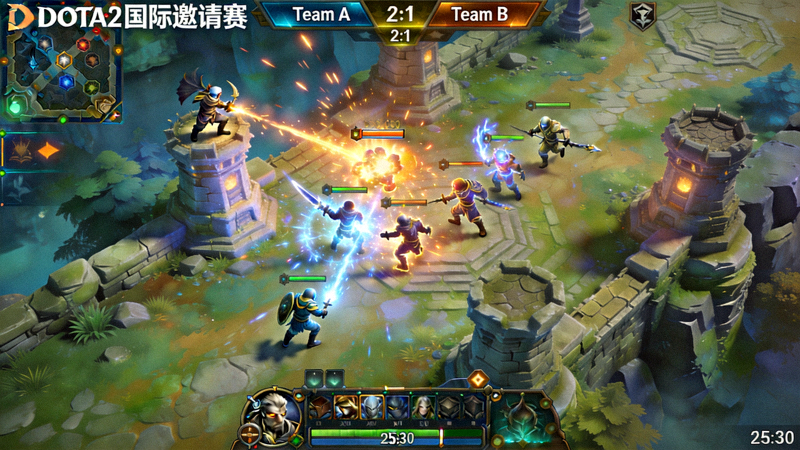 DOTA2国际邀请赛直播画面，双方战队在遗迹地图上激烈交锋