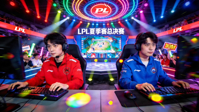 LPL夏季赛总决赛现场，双方战队选手在炫目灯光下激烈对战